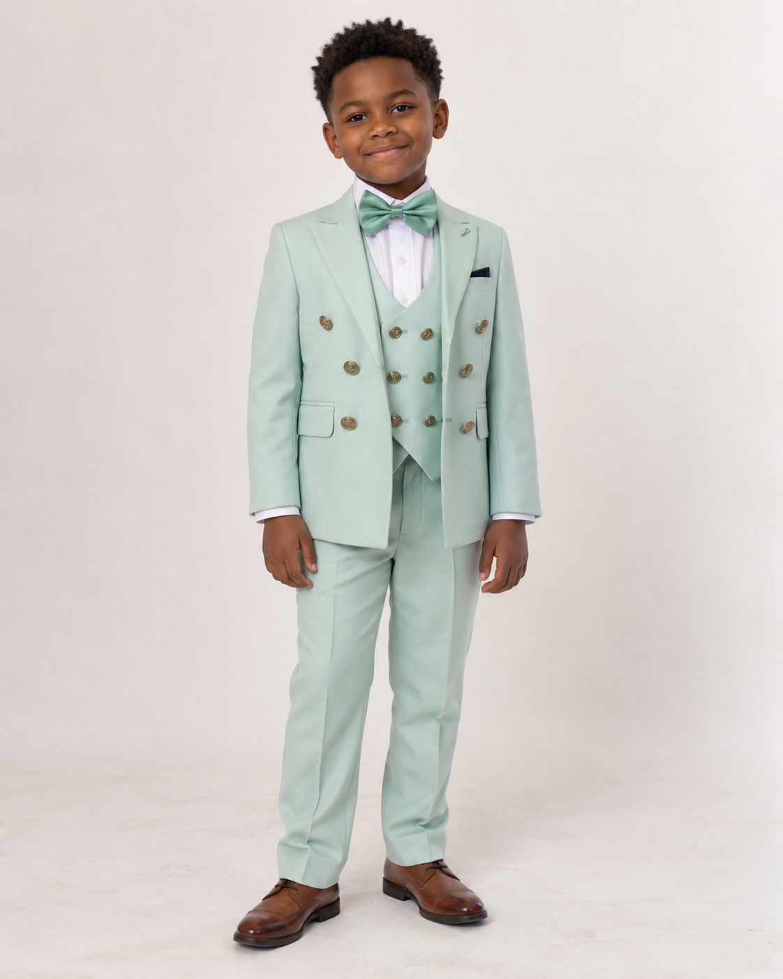 Black boy wearing mint green five-piece tuxedo, front view